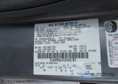 2012 Ford Fusion Se z USA, uszkodzony, nr VIN 3FAHP0HA7CR446183